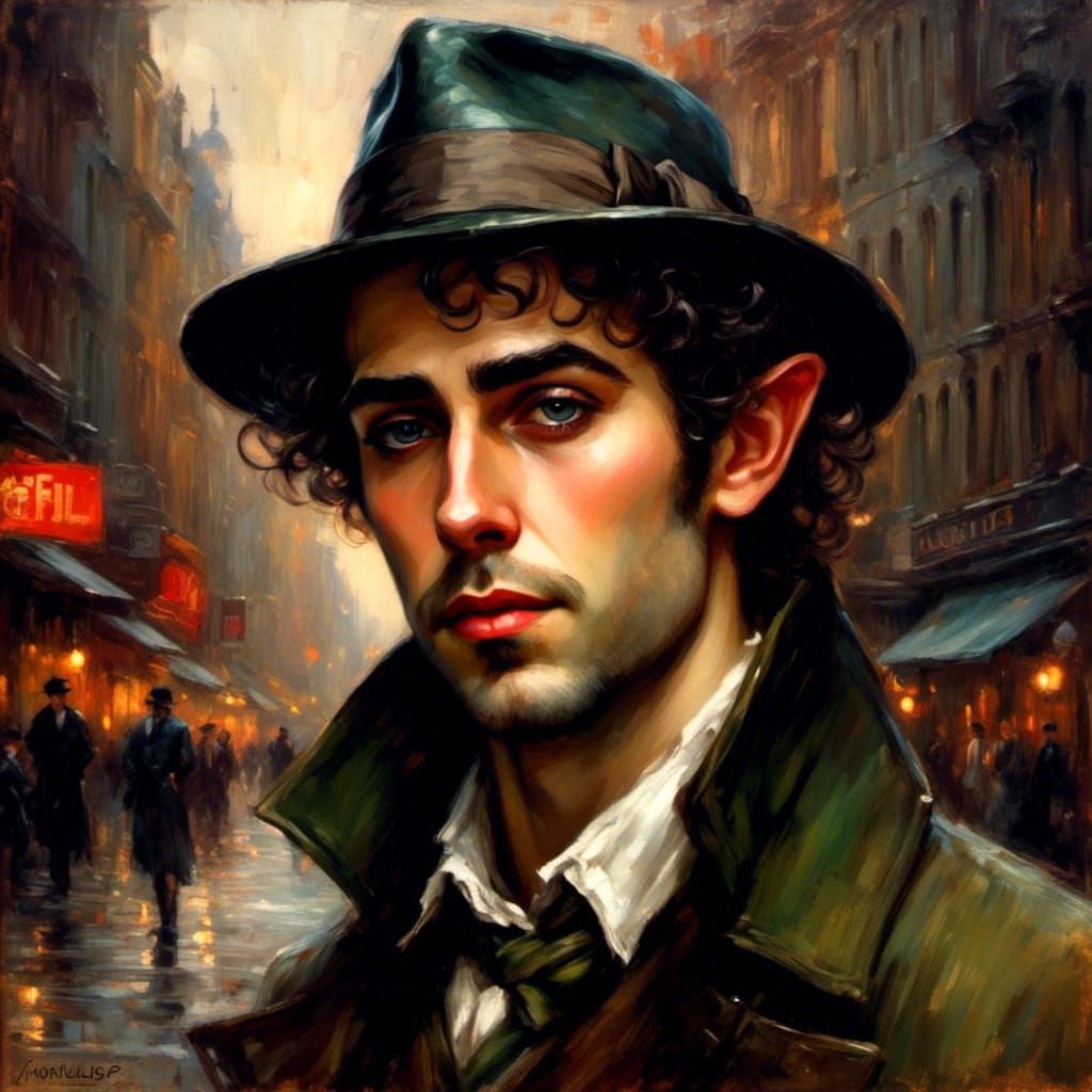 World-Weary Elf in City Street, Oil Portrait