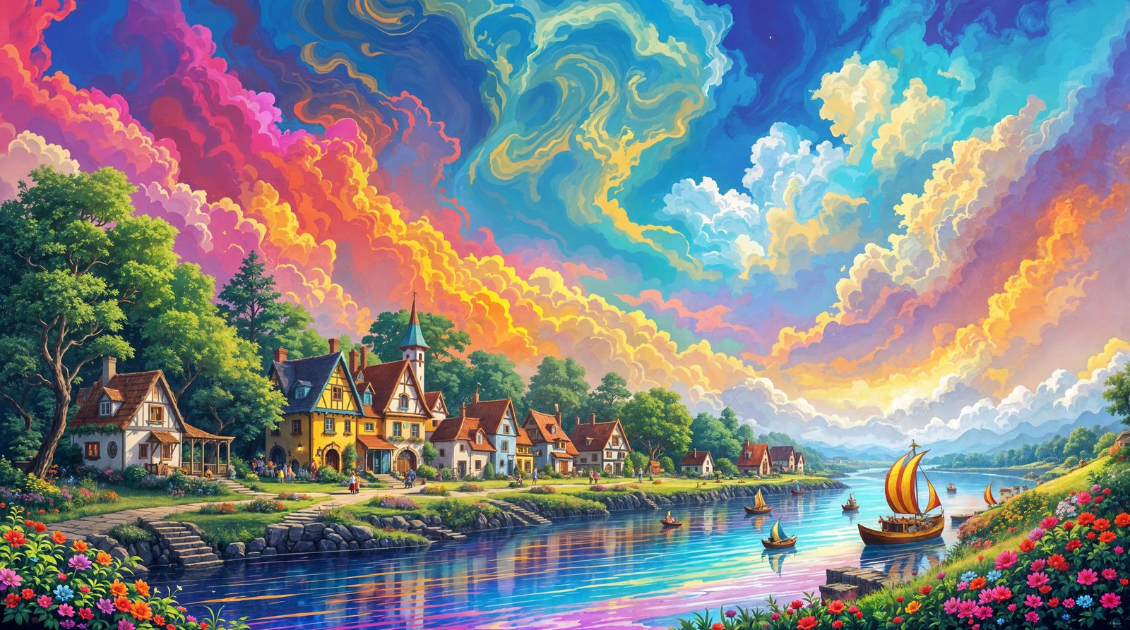 Whimsical Rainbow River Village in Vibrant Skies