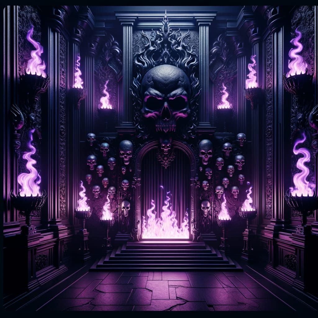 Sinister Castle Interior with Skull Decorations and Purple F...