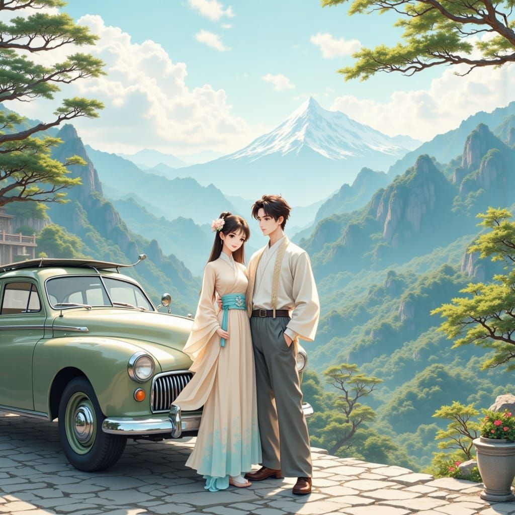 Romantic Asian Couple in Donghua Style by Mountains