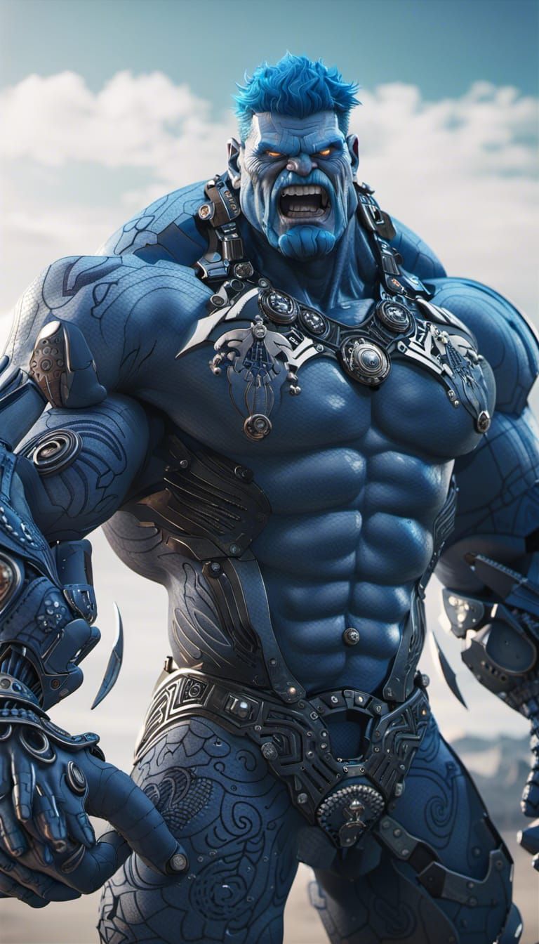 Futuristic Blue Cyborg Hulk with Tribal Tattoos