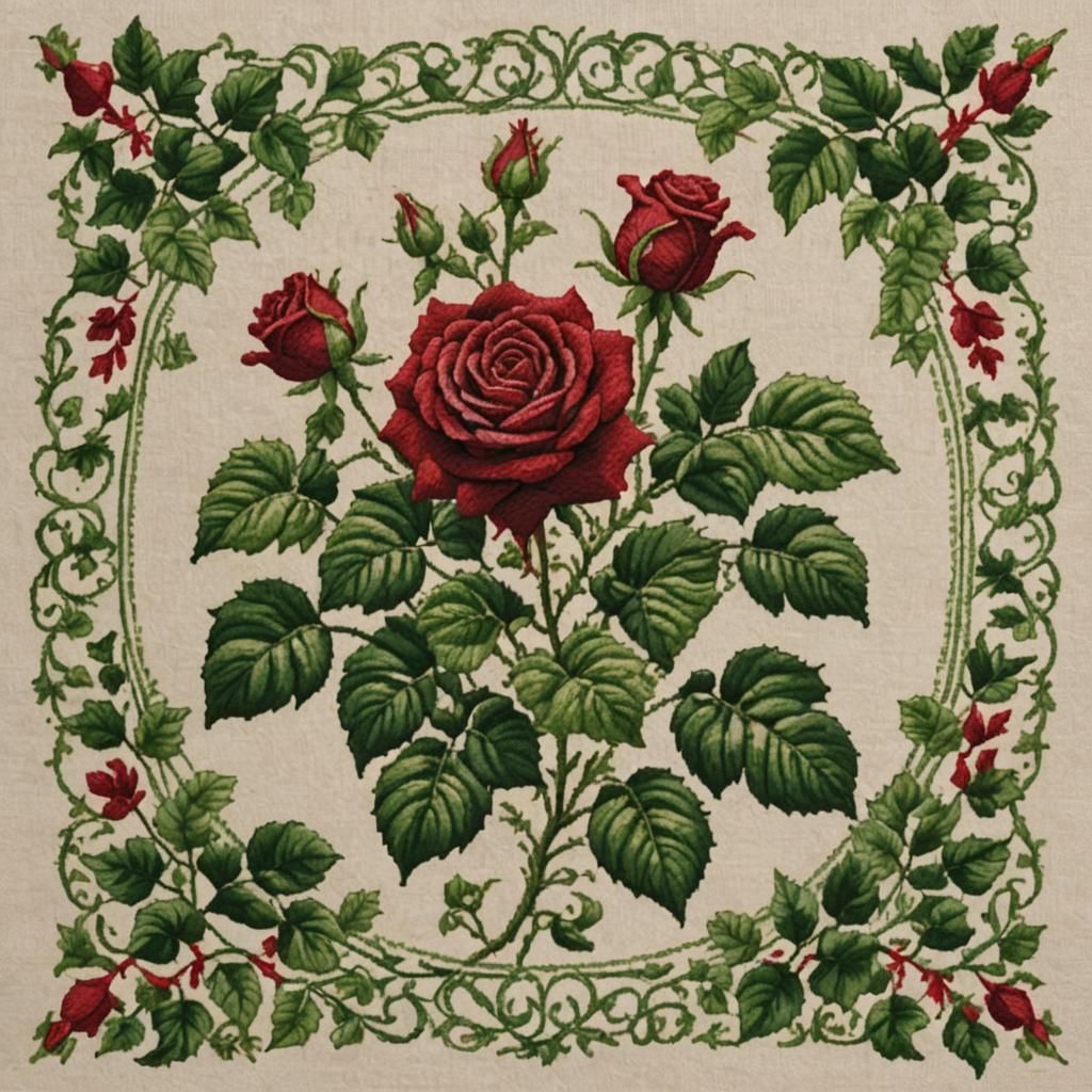 intricate detailed patterned cross-stitch of a deep red rose...