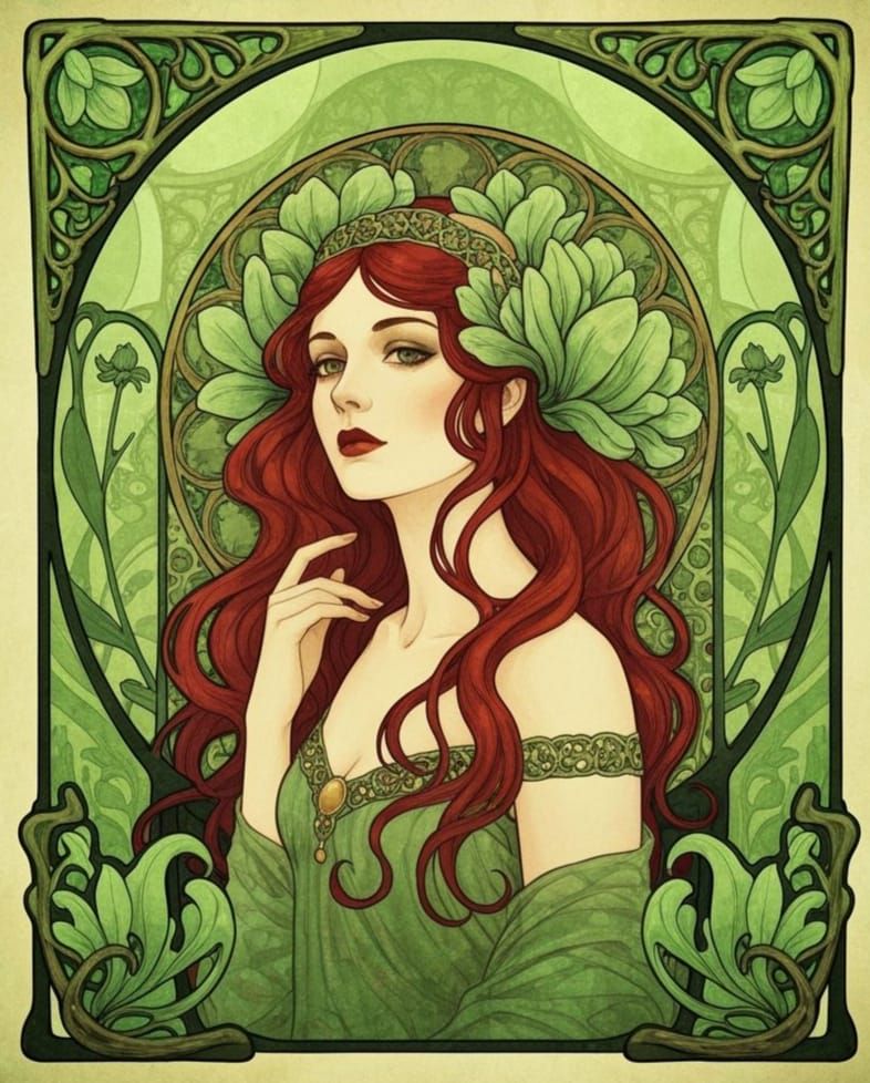 Elegant Woman in Art Nouveau Style with Botanical Accents