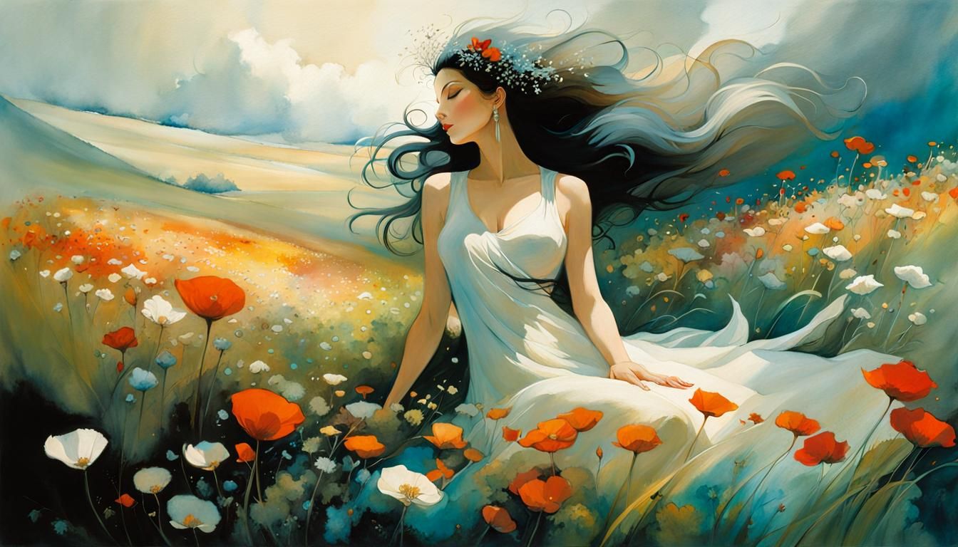 Woman in Flower Field: Abstract Dreamscape Painting