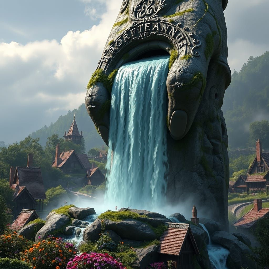 Majestic Stone Hand Cradles Breathtaking Waterfall in Enchan...