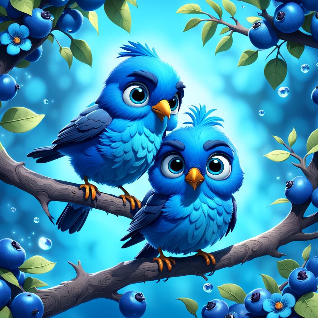 Blue Birds in a Blue Tree: 3D Digital Art