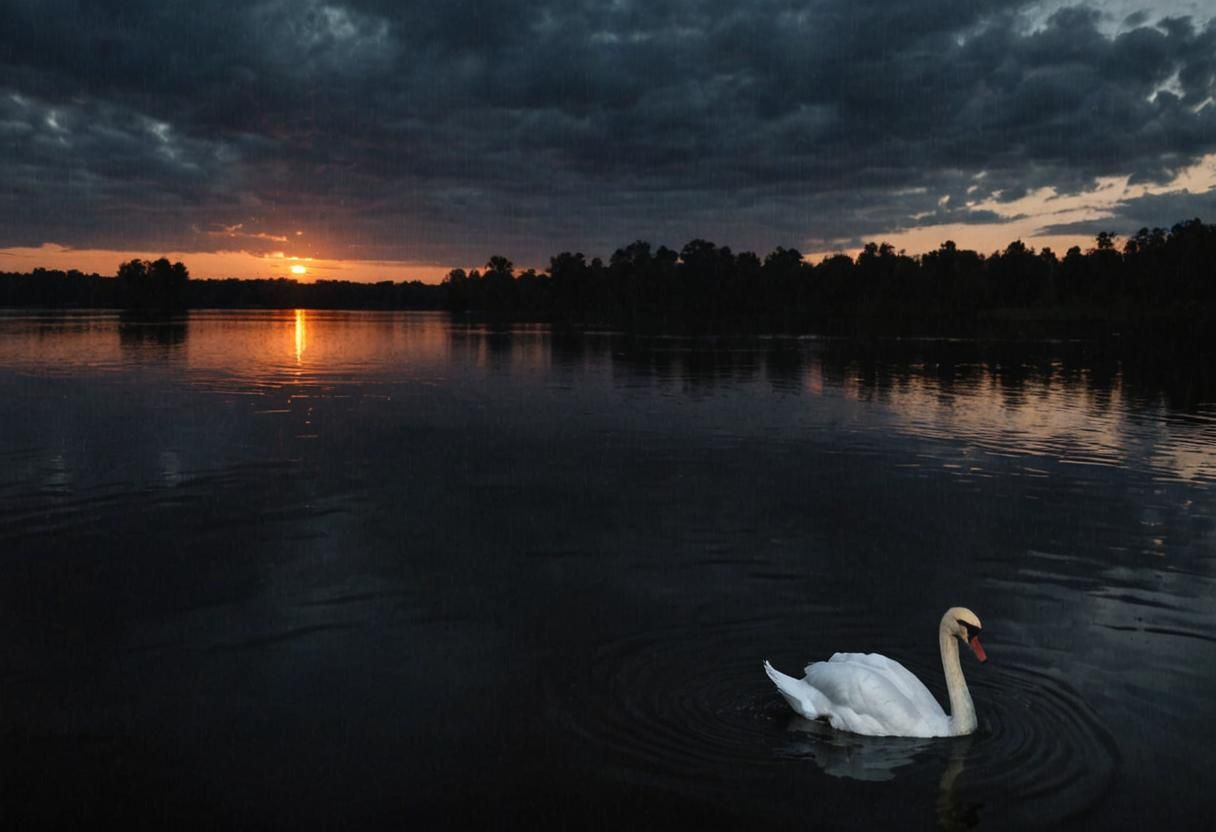 swan on a dark lake at sunset