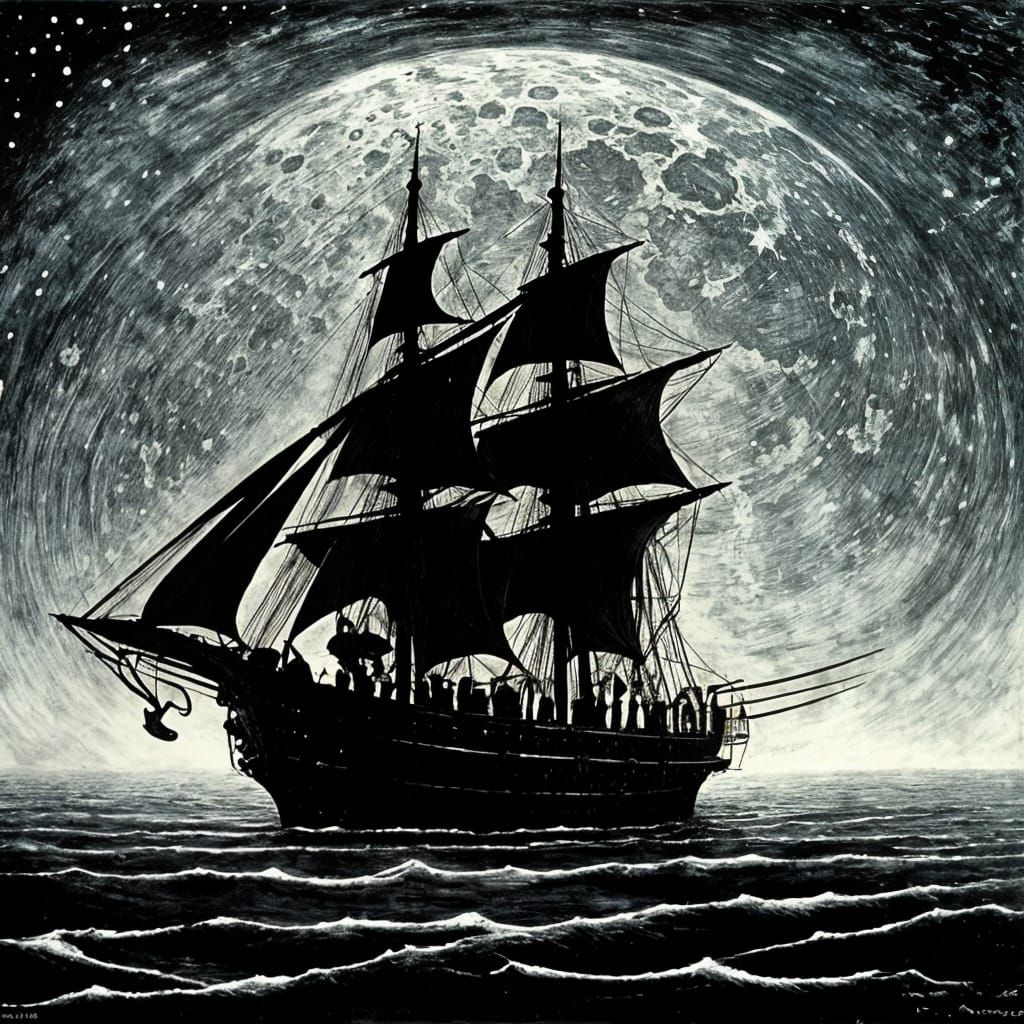 Surreal Pirate Ship Haunts a Moonlit Night