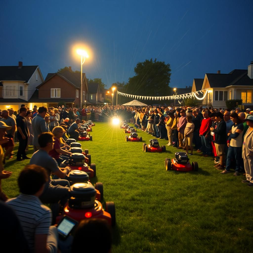 Synchronized Lawnmower Race in 1990s Hockney-Murakami Style