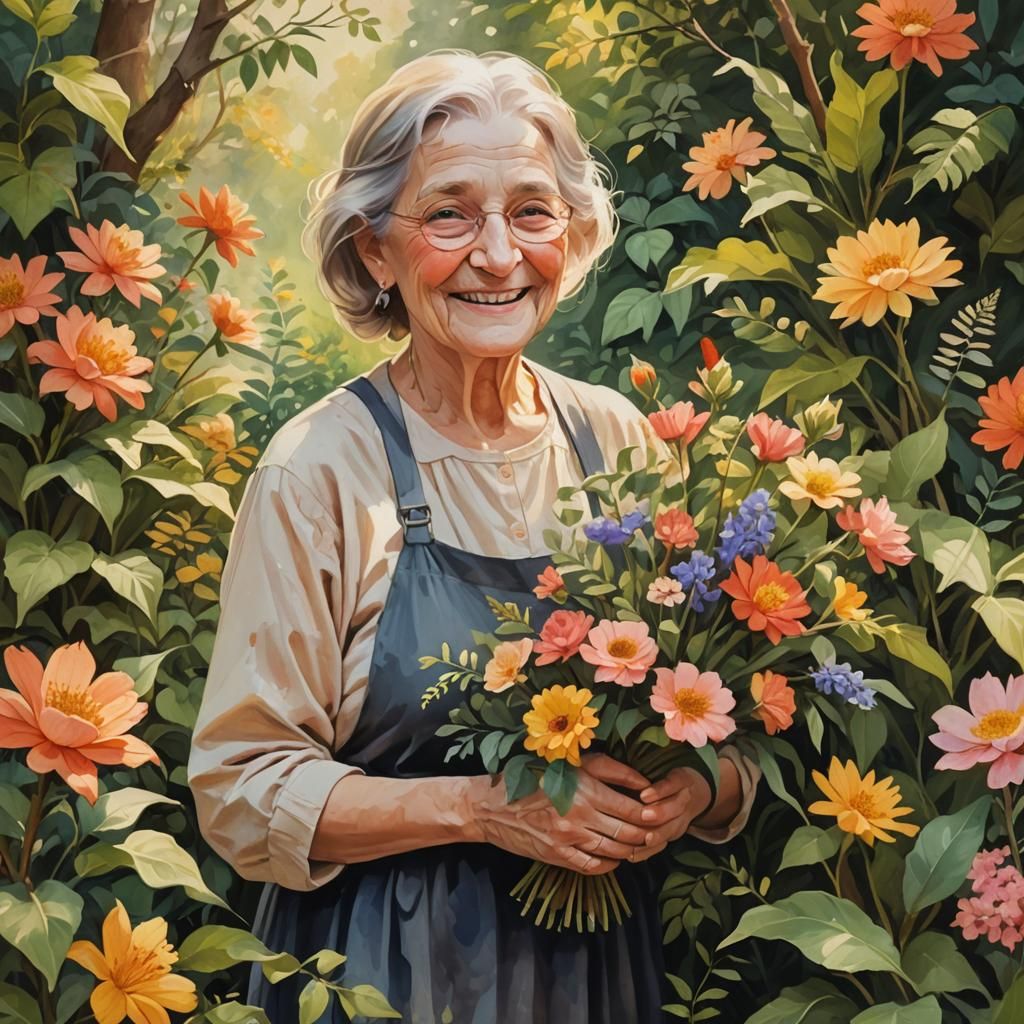 Gentle Old Woman in Gouache Painting