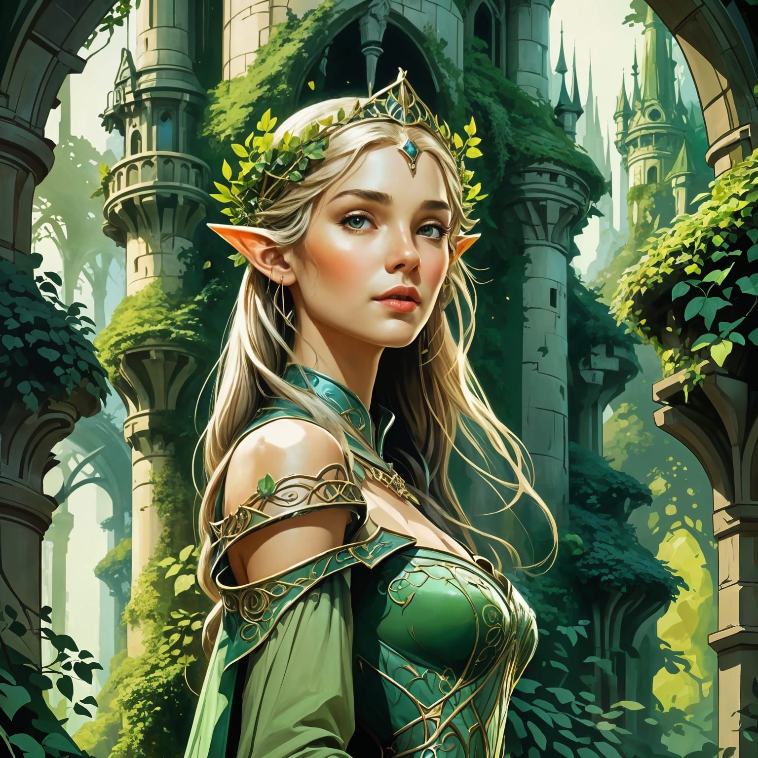 Elven Princess in Forest Tower, Art Nouveau Style