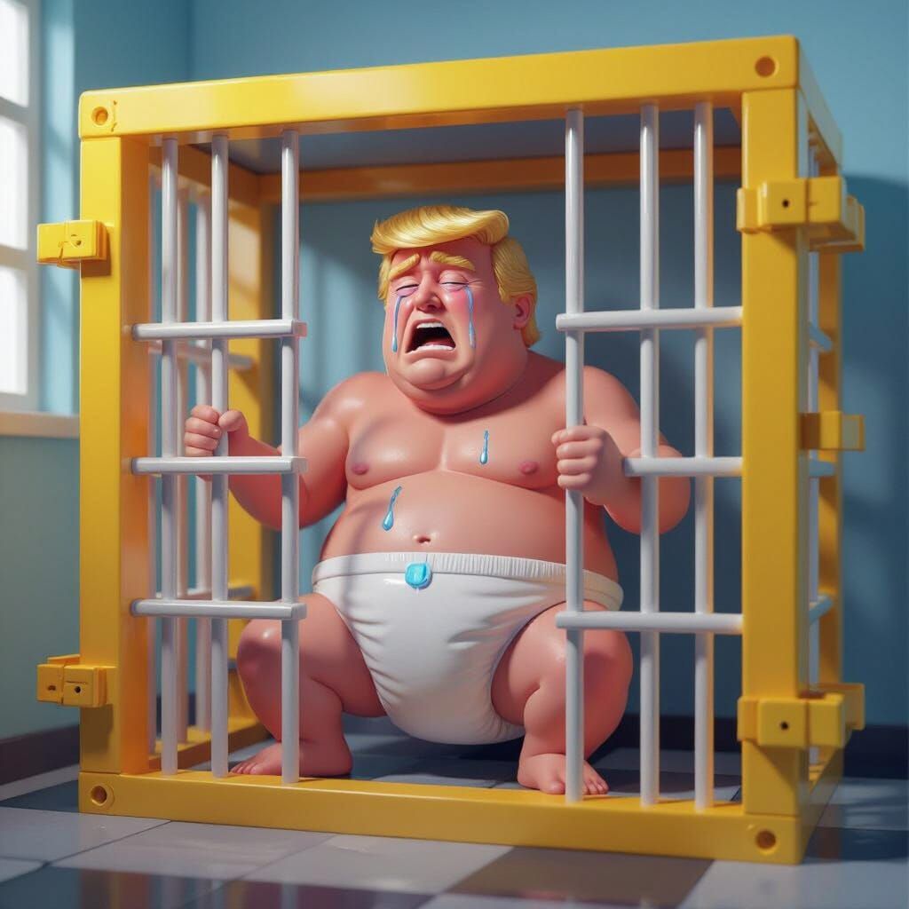 Distressed Man in Diaper Crying in Toy Jail
