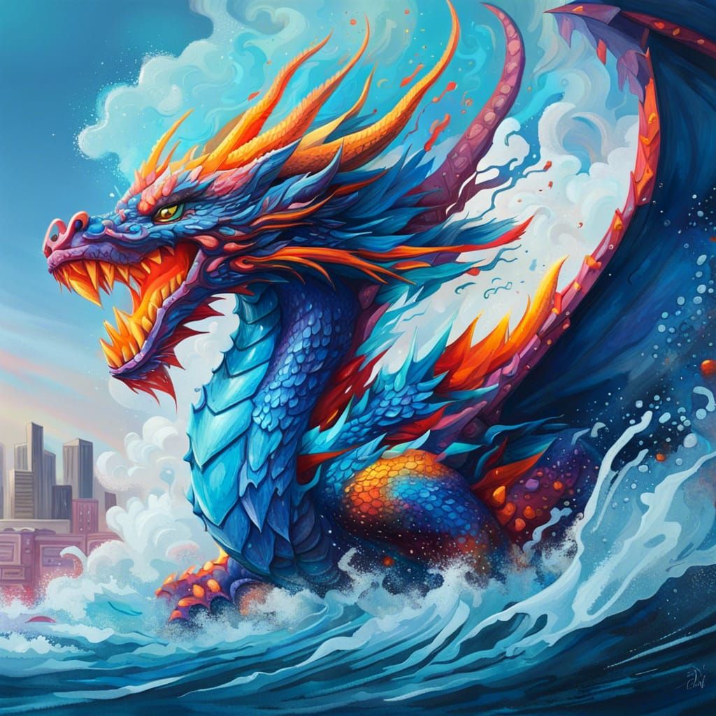 Blue Dragon Breathing Fire: Graffiti Splash Art