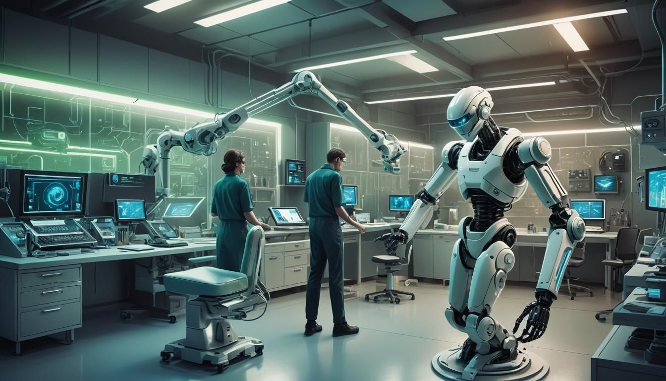 Futuristic Lab with Robotic Arm in Digital Art Style