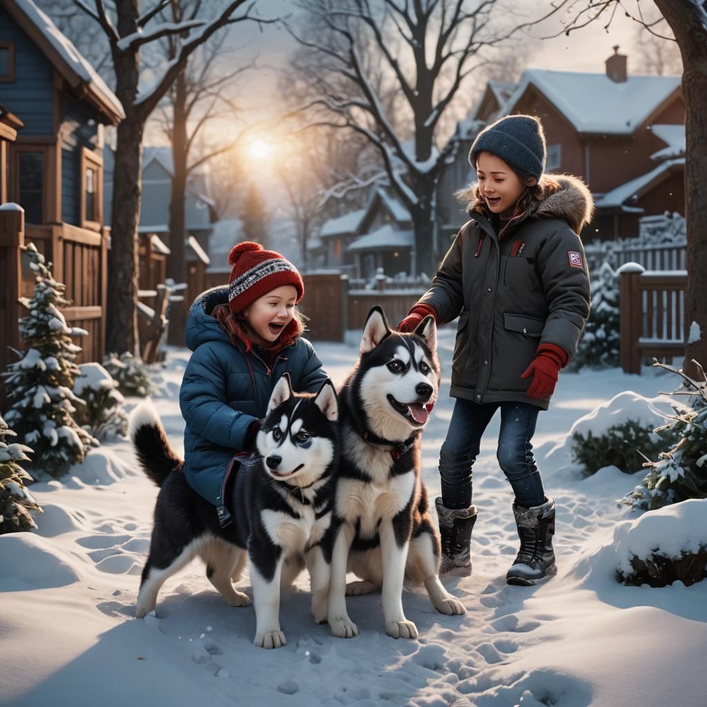 Children Play with Puppy in Winter Landscape