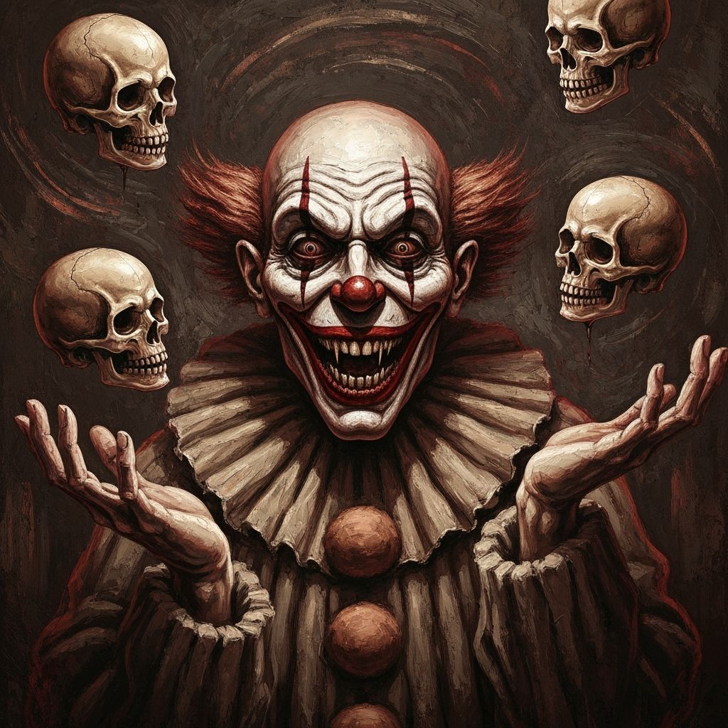 Terrifying Clown Juggling Skulls in Gouache Style