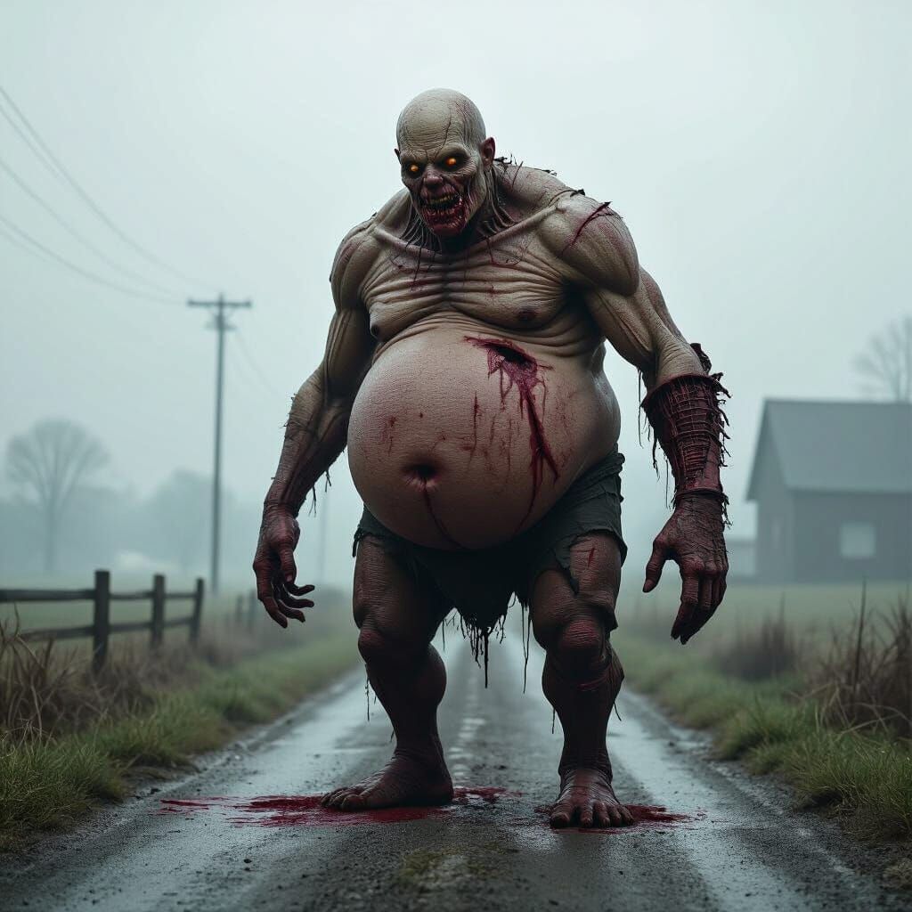 Disturbing Mutated Humanoid Crawling on a Foggy Road