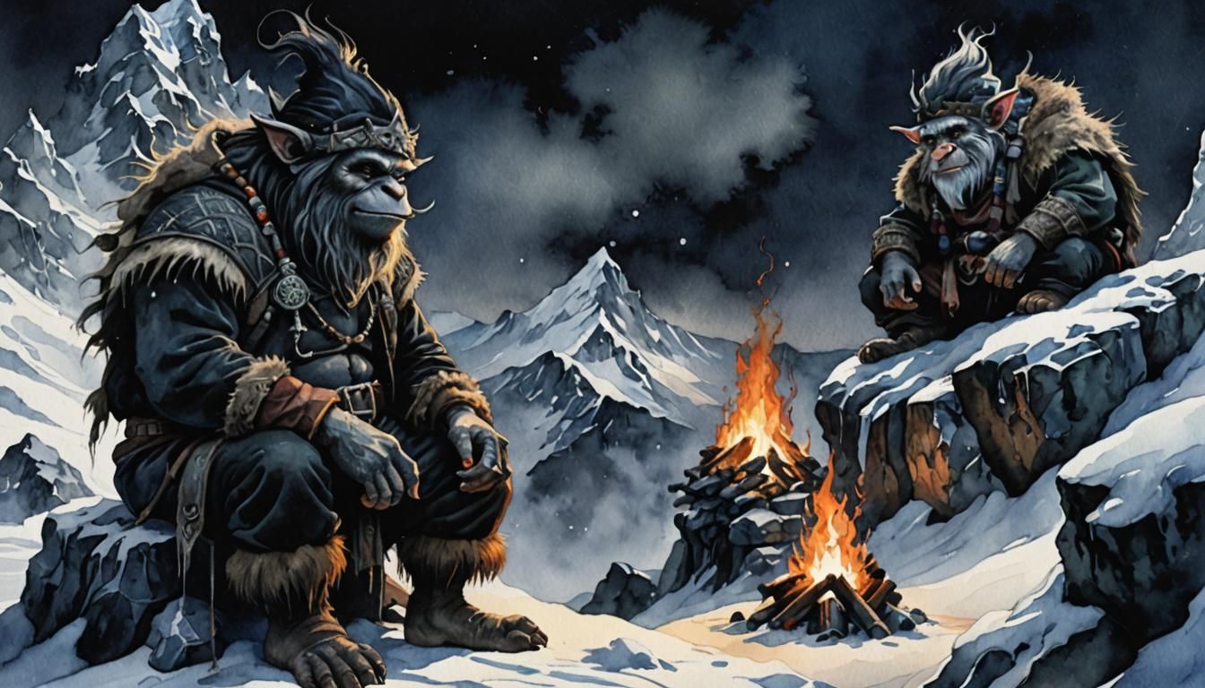 Moody Troll on Snowy Mountain in Watercolor Style
