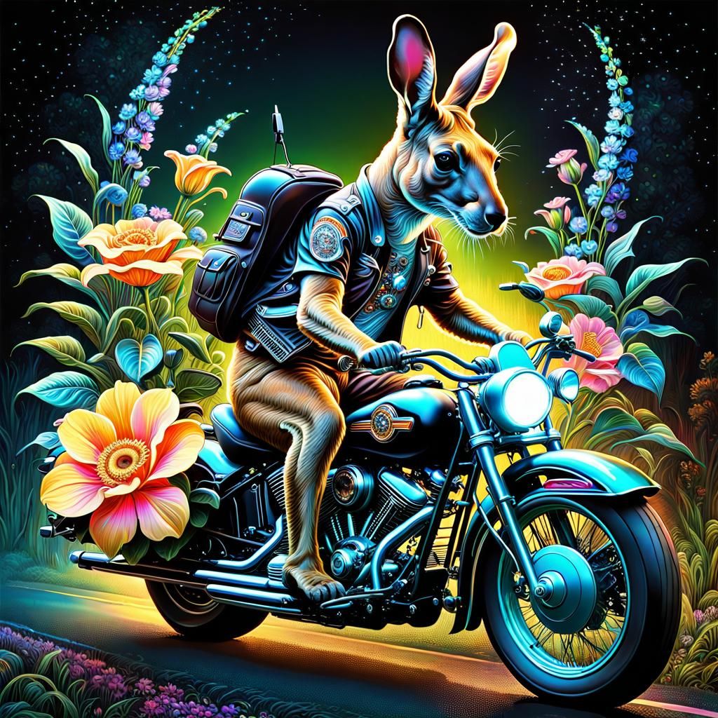 Flower Power Kangaroo Rides a Harley in Digital Baroque