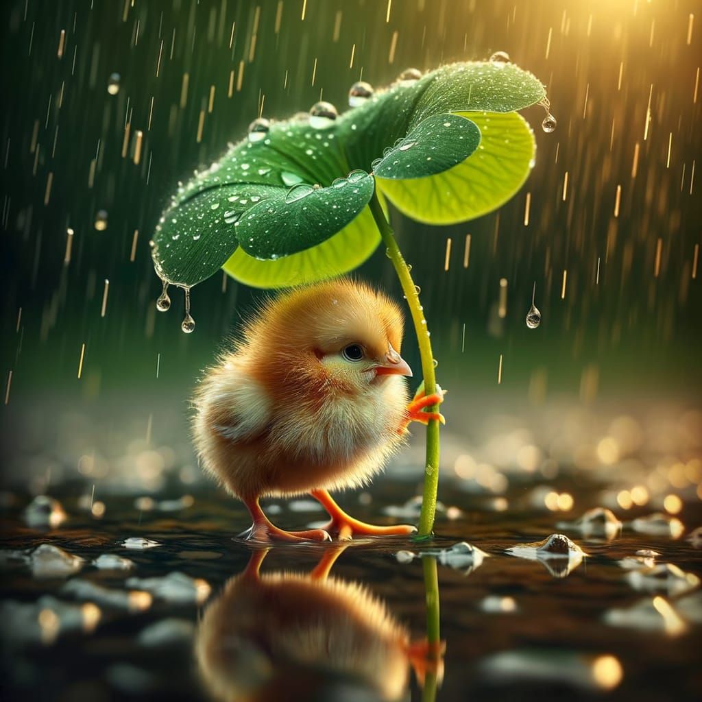 Adorable Baby Chicken Under a Leaf Umbrella