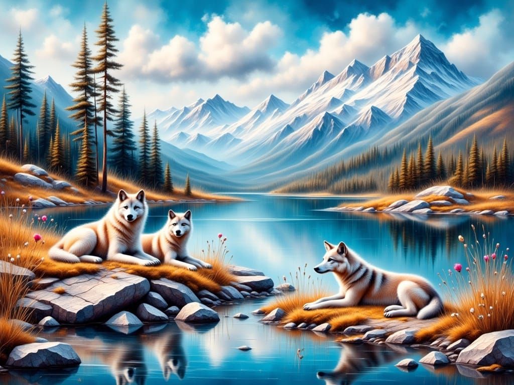 Watercolor Wolves in Serene Mountain Wilderness