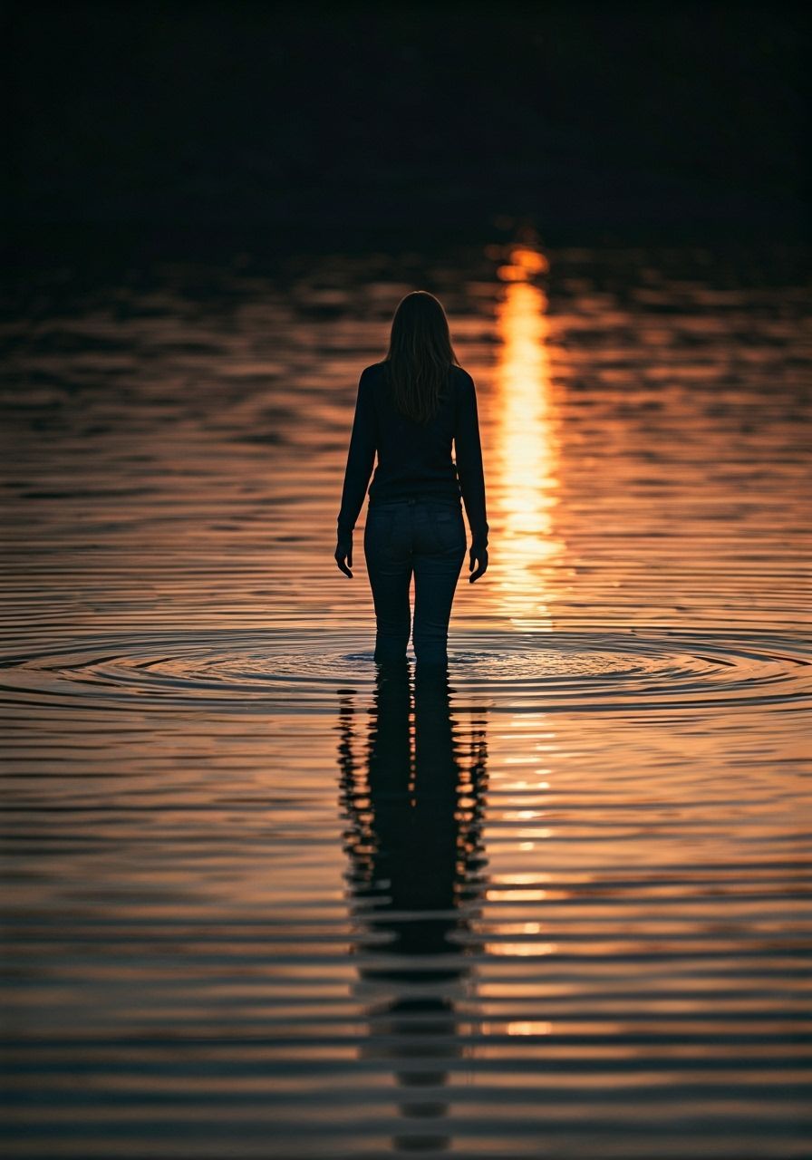 Person Wading in Serene Water with Bokeh