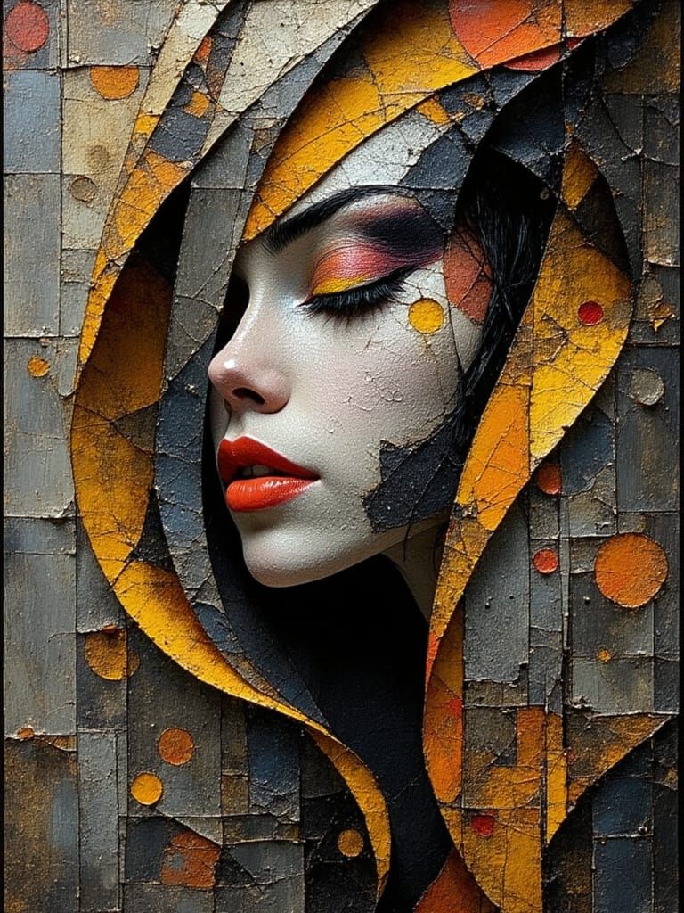 Vibrant woman wearing a flowing, diaphanous dress with an elaborate, swirling veil adorned with intricate, hand-painted ...