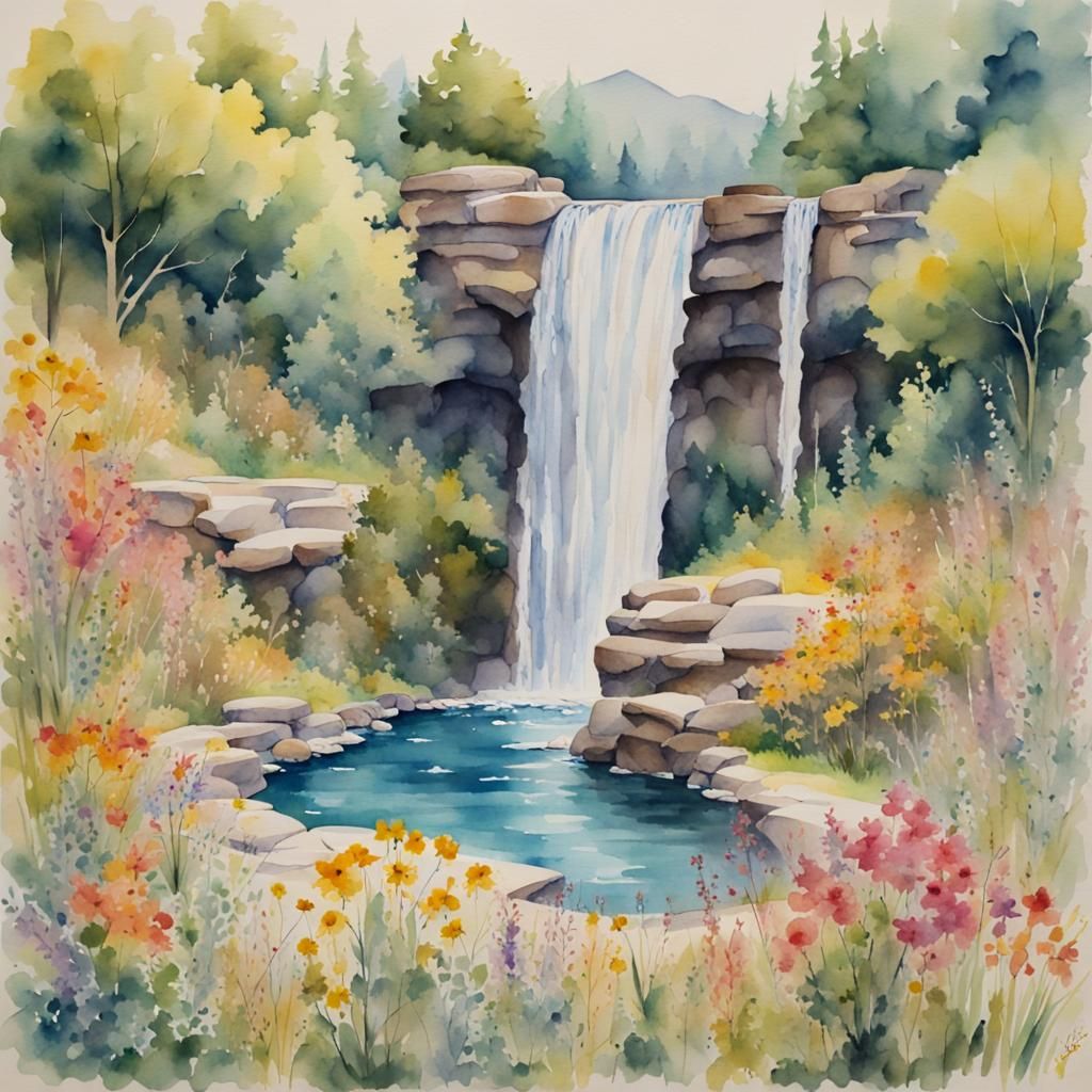 Vibrant Watercolor Waterfall with Wildflowers