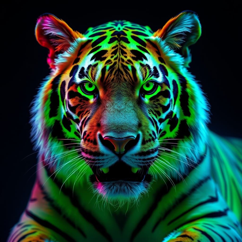Majestic Liger with Fluorescent Fur, Airbrushed Realism