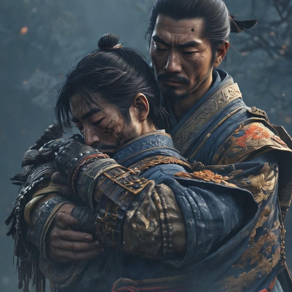 Samurai Mourning Friend in Edo Art Style