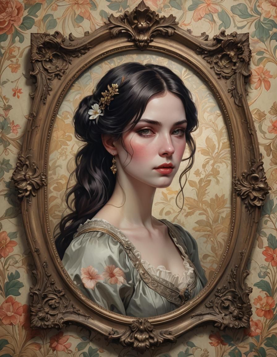 19th Century Woman Portrait in Antique Frame