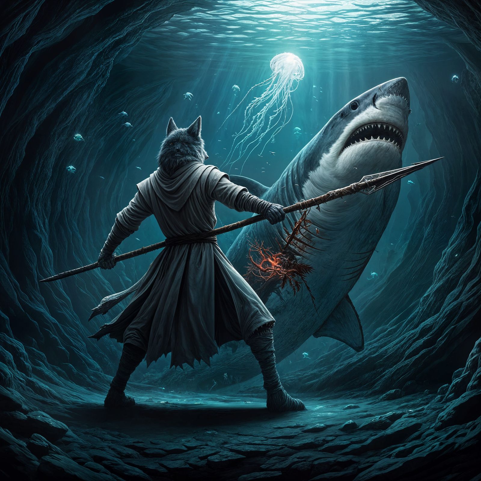 Wolf Defeats Corrupted Shark in the Underwater Cave