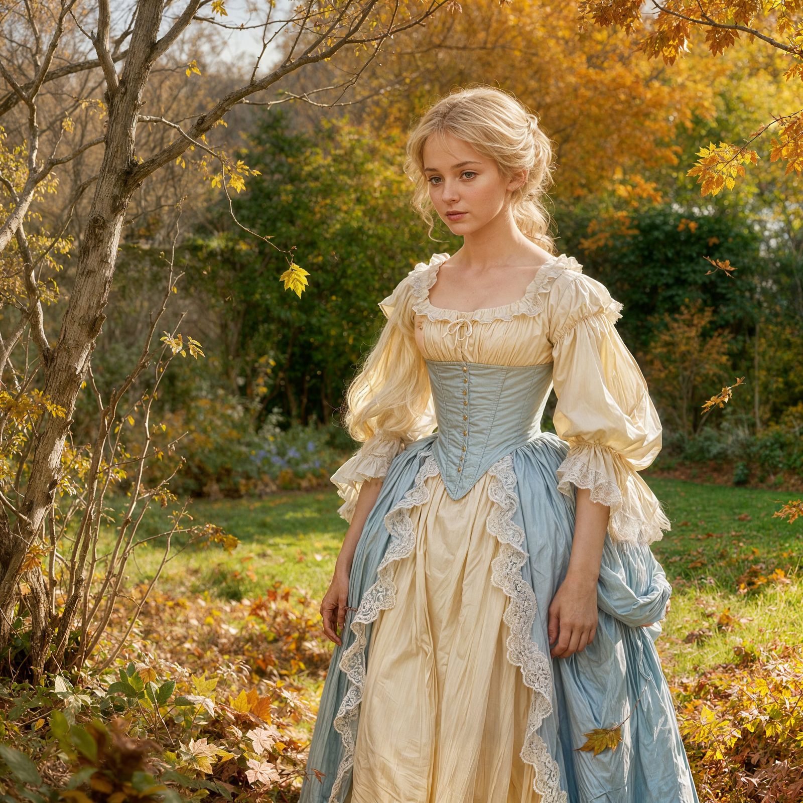 Girl in 18th Century Dress in Autumn Garden