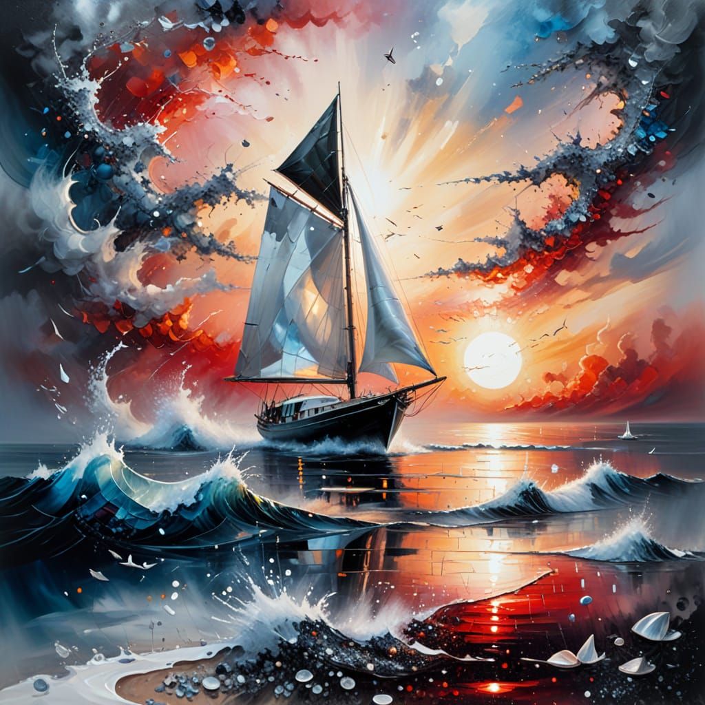 Surreal Foggy Seascape with Distant Sailboat