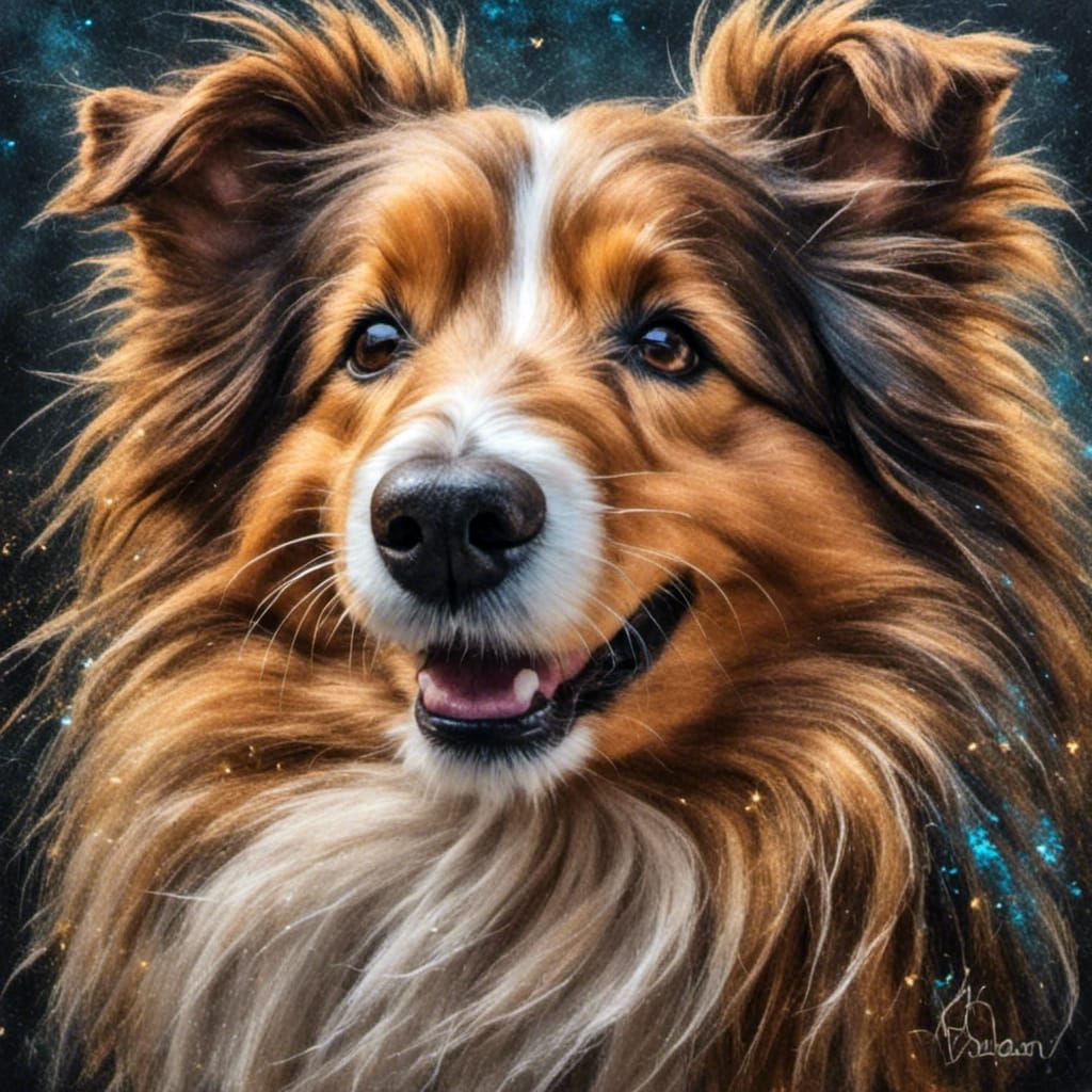 Happy Sheltie Dog Portrait in Oil Chalk Style