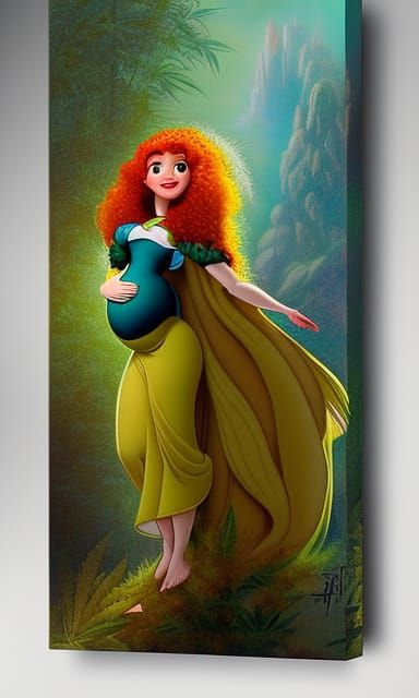 Pregnant Merida Holding Cannabis Flower in Oil Painting