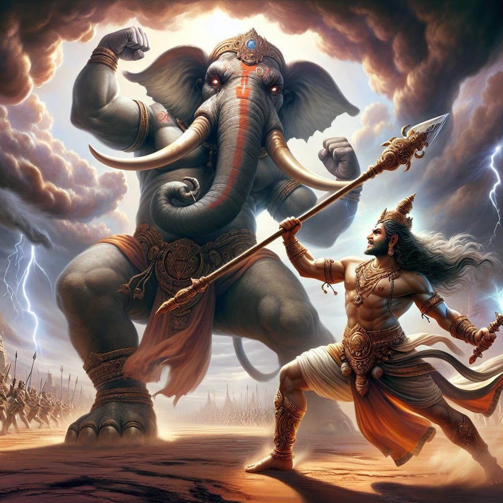 Deity Battles Elephant Demon in Ancient Arena