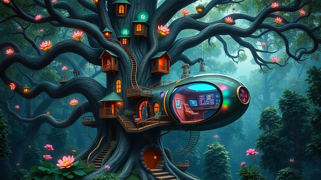 Whimsical Forest Treehouse Village in Enchanted Cyberpunk St...