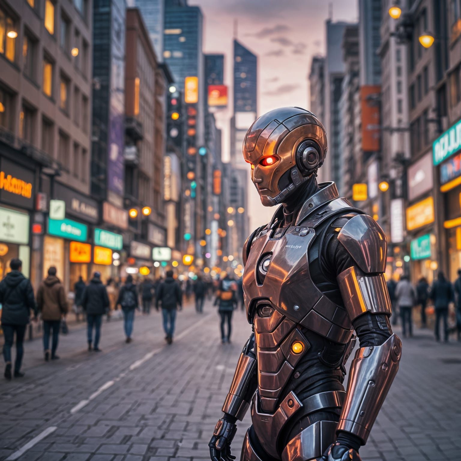 Android Interacting with Human in Futuristic Cityscape