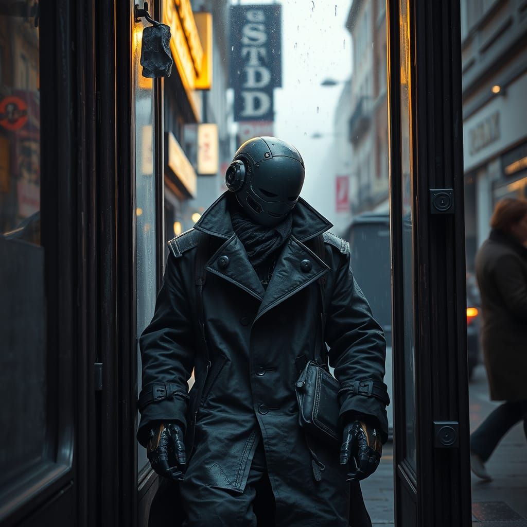 Android Sleeping Rough in Rainy London: Dark Fantasy