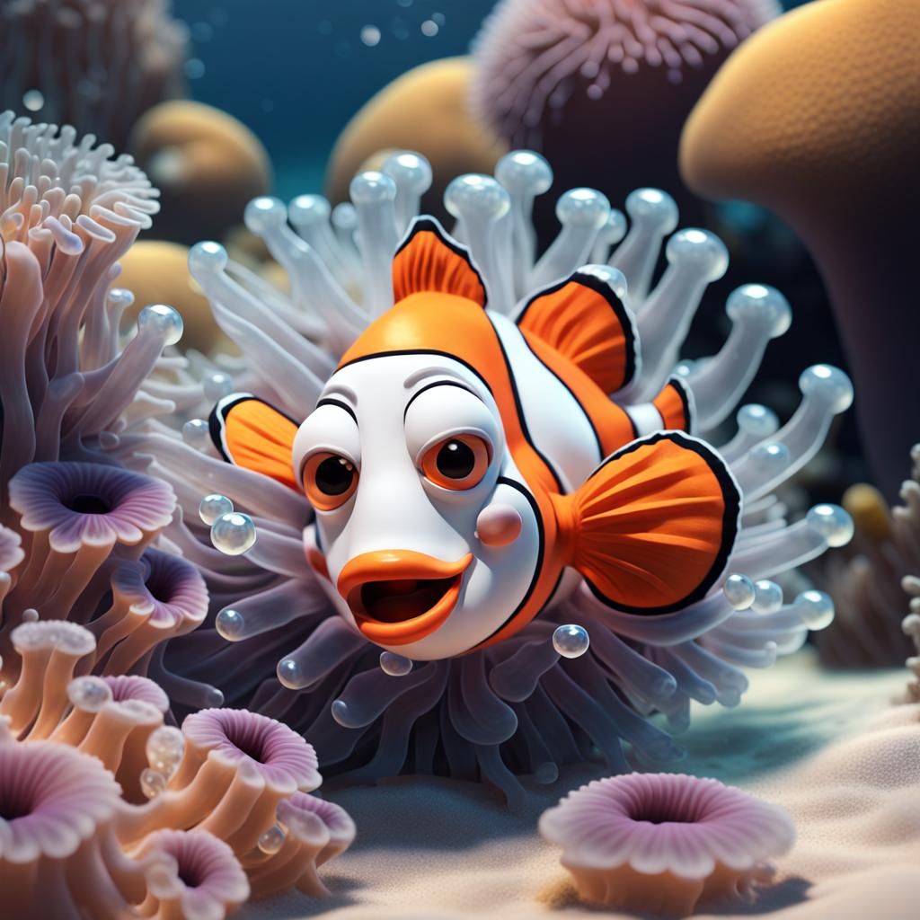 Adorable Clownfish and Anemone Cuddling in Bubbly Ocean
