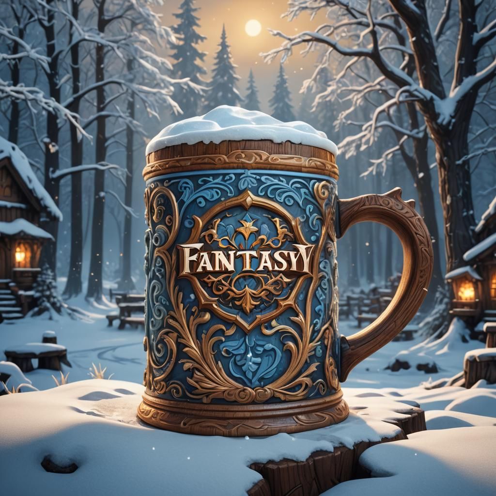 Fantasy Tavern Logo with Frosty Mug in Winter Landscape