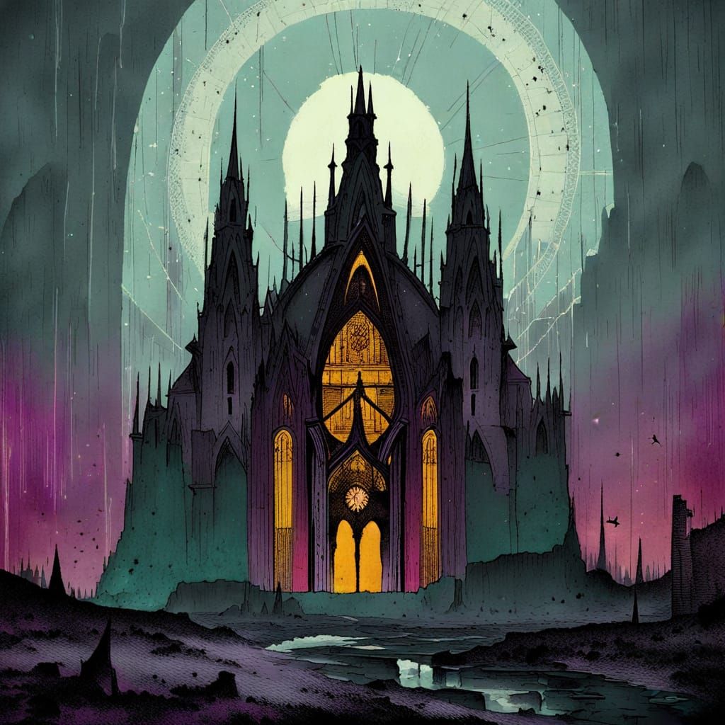 Ethereal Gothic Cathedral Rising from Wasteland