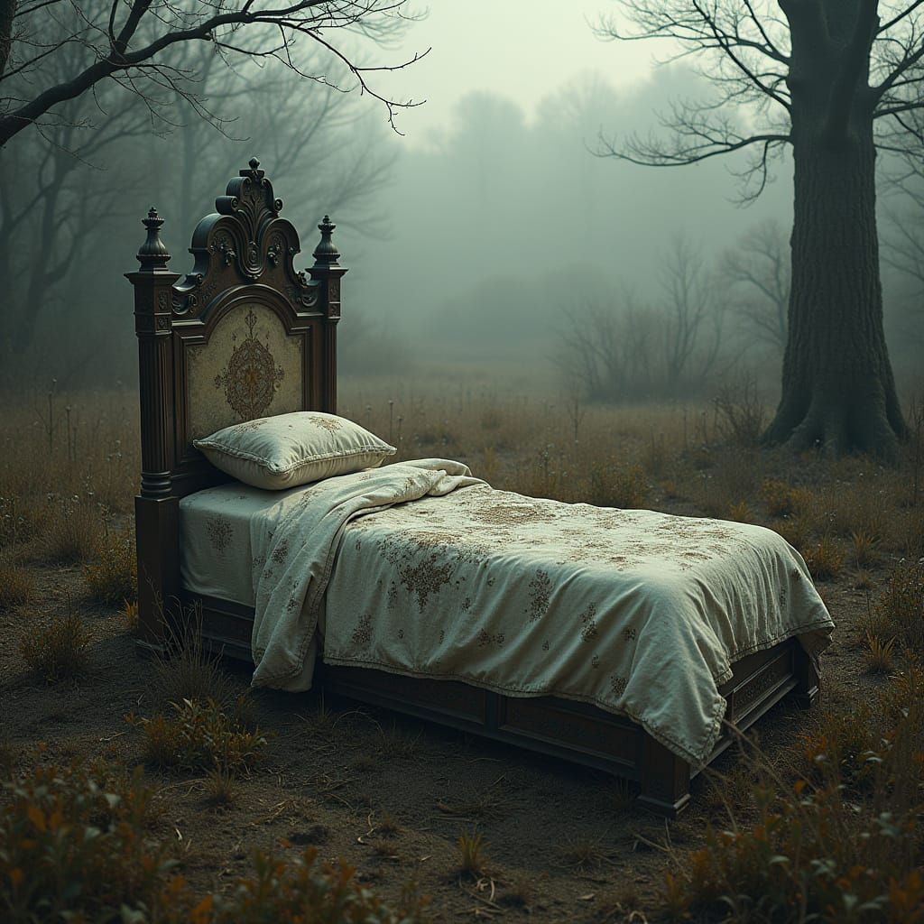 Surreal Country Burial Scene with Grave and Bed