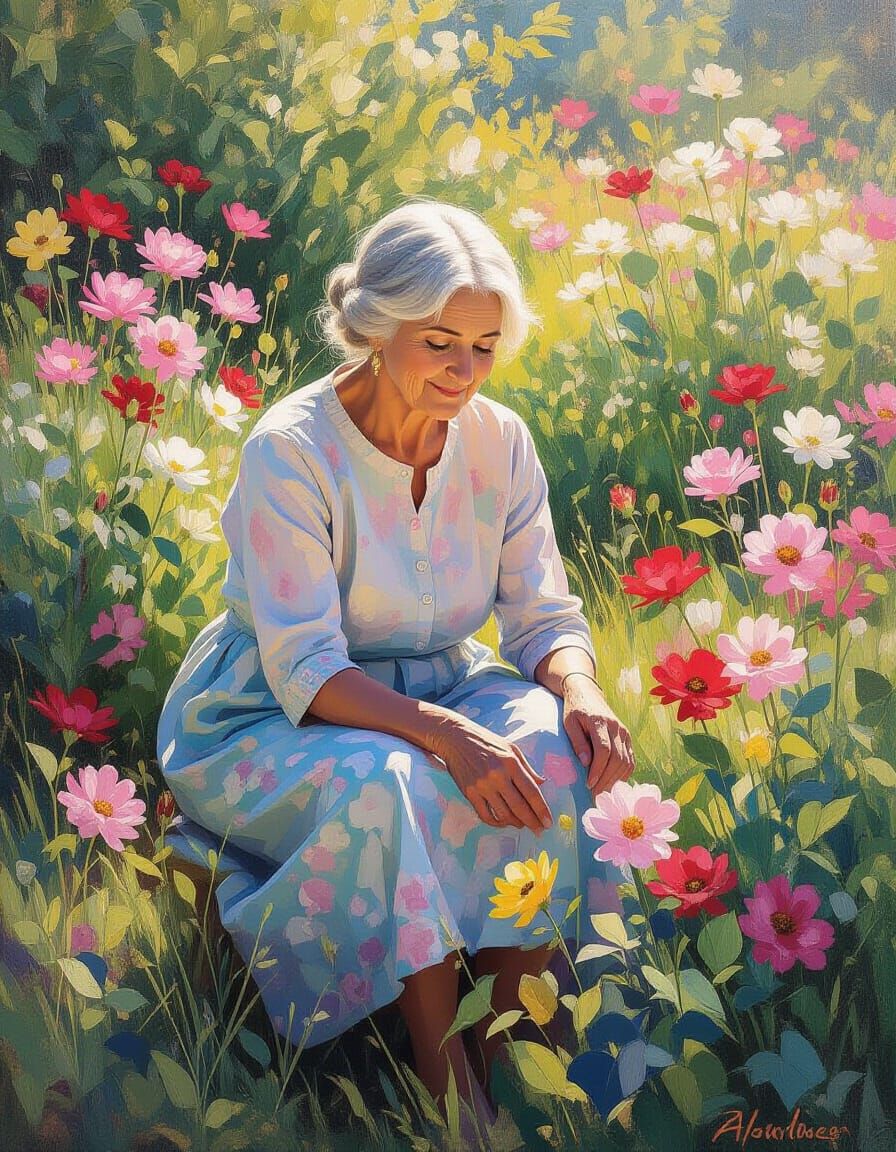 Impressionistic Painting of Woman in Flower Garden