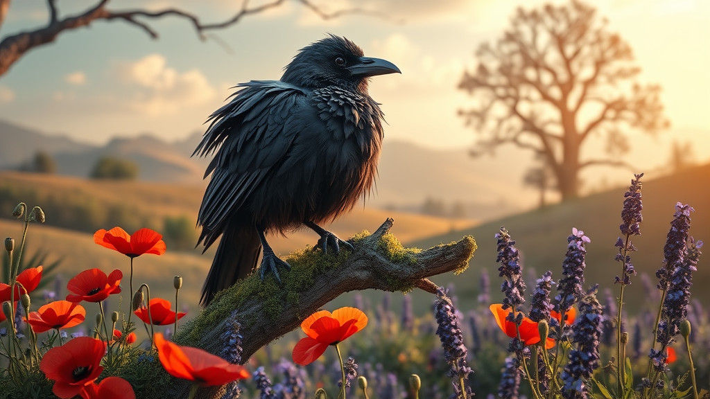 Raven in Dreamlike Landscape, Hyper-Realistic Art