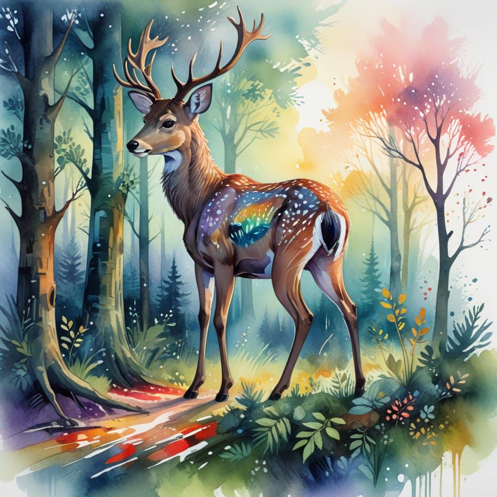 Majestic Deer in Enchanted Forest, Watercolour Painting