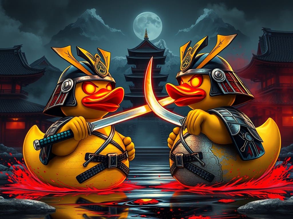 Vicious Samurai Duck Warriors Clash in Japanese Temple