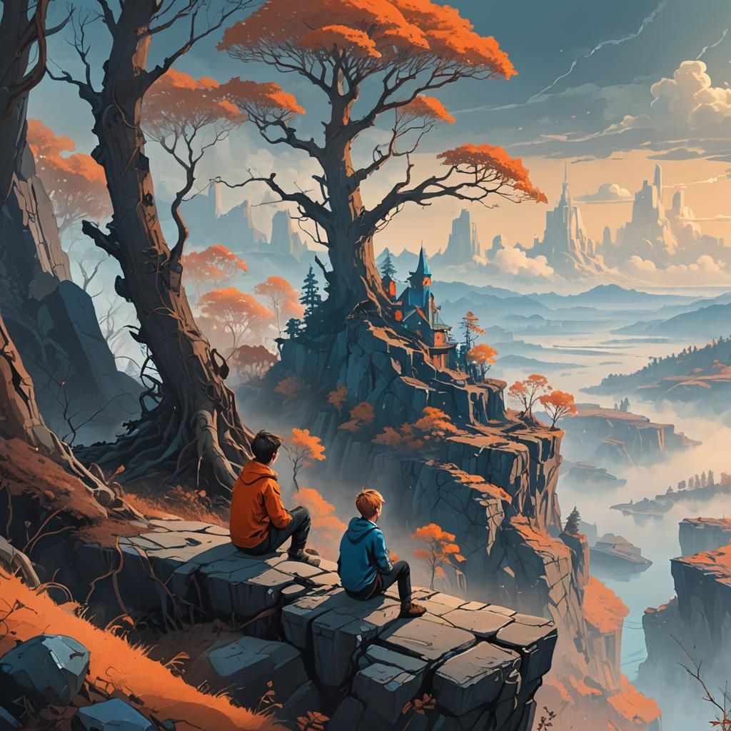 Boy Gazing at Fantasy World in Digital Art