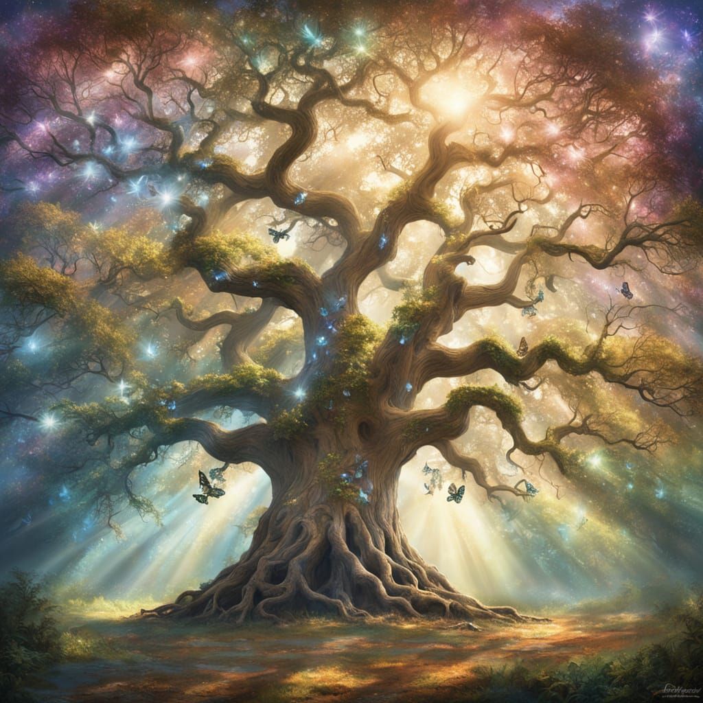 Majestic Oak Tree with Crystal Roots in Serene Clearing